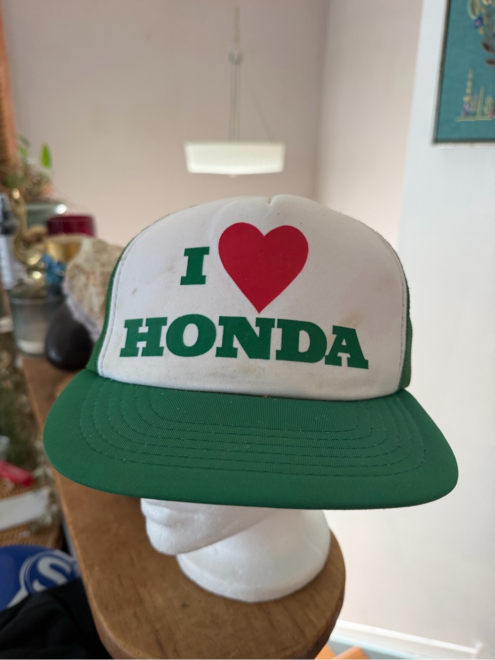 Vintage 80s K-Brand I Love Honda Trucker Hat Snapback Green White OSFA